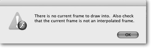 If you try to draw on the Stage when you’ve selected a folder instead of a layer, Flash lets you know in no uncertain terms. (An interpolated frame’s a tweened frame; as you learn in Chapter 3, you can’t place images in a tweened frame, either.)