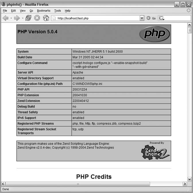 The PHP test page on an Apache/Windows install
