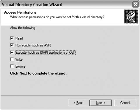 Setting the Execute permission of the virtual directory