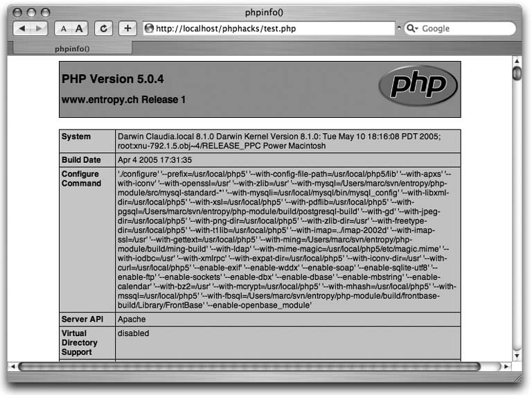 The test page after installing PHP 5