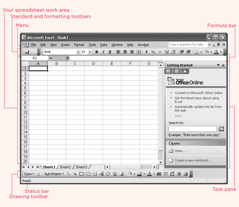 The Excel window has several parts, most notably the worksheet grid where you type in your information.