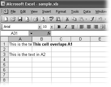If you type a large amount of text into A1 and then type some text into B1, you only see part of the data in A1 on your worksheet (as shown here). Resizing column A fixes this problem.