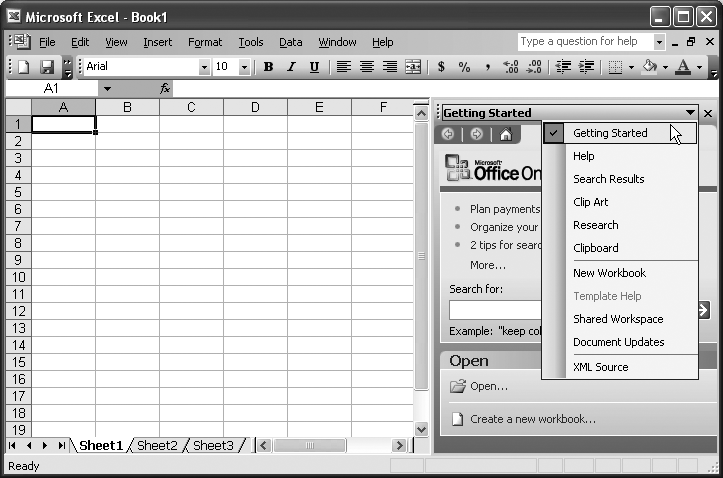 When you first start Excel, the Task Pane appears on the right with the Getting Started task displayed. To switch to any of 10 other tasks, click the drop-down arrow in the window title and choose the task from the list.