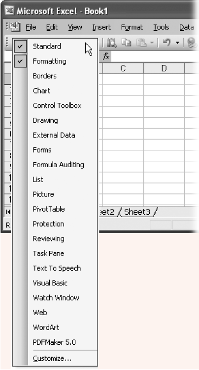 In this picture, only two toolbars are currently displayed: the all-important Standard and Formatting toolbars. To show other toolbars, right-click anywhere on one of the currently displayed toolbars for a menu of toolbar choices, as shown here.