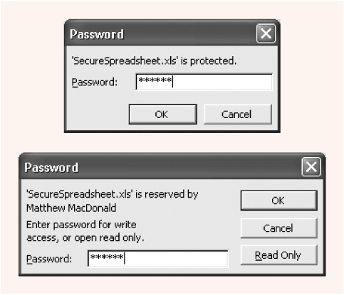 Top: Assign a "password to open" and you see this window when you open the file.Bottom: If you assign a "password to modify," you see the choices in this window.