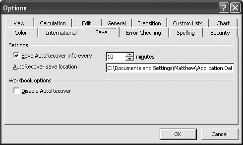 Clicking Tools → Options → Save displays this window, which lets you configure how often (and where) AutoRecover saves backups.