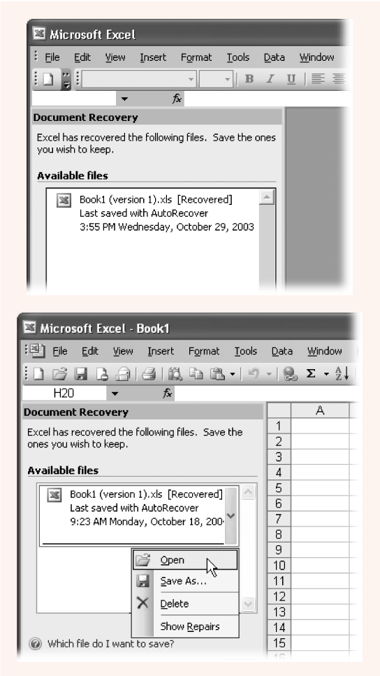Top: Every time Excel starts up, it looks for AutoRecover backups.Bottom: You can save or open an AutoRecover backup like an ordinary Excel file; simply click the item in the list.