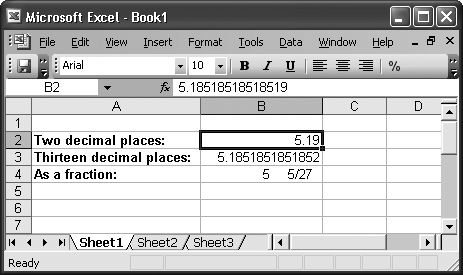 Each of the cells B2, B3, and B4 contains the same number: 5.18518518518519. In the Formula bar, Excel will always display the exact number it's storing, as you see here with cell B2. However, in the worksheet itself, each cell's appearance differs depending on how you've formatted it.