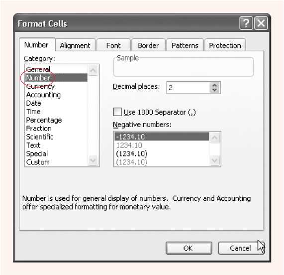 The Format Cells dialog box provides one-stop shopping for cell value and cell appearance formatting.