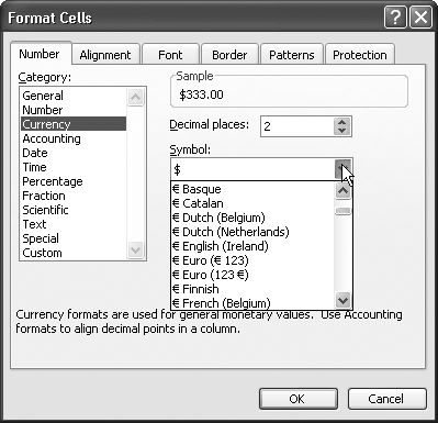 Here, the formatting category is Currency. The Sample area shows how the cell value—333—will appear in the worksheet: as $333.00, with two decimal places and a dollar sign. Clicking the Symbol list lets you choose another currency symbol—for example, English pounds or Jamaican dollars. To apply the format, click OK.