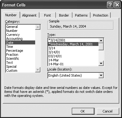 In a world of clock-watchers, it's no surprise that Excel offers dozens of different ways to format dates and times. You can choose between formats that modify the date's appearance depending on the regional settings of the computer viewing the Excel file, or you can choose a fixed date format from the Locale listbox.
