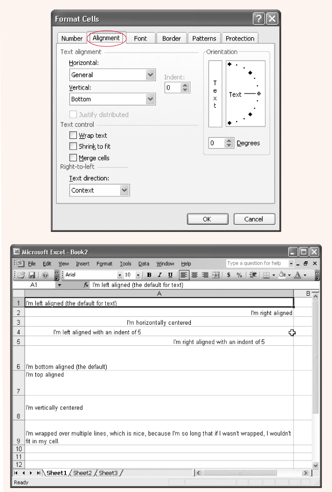 The Alignment tab of the Format Cells dialog box lets you specify how you want cell text aligned and oriented, as shown below.