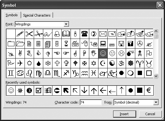 The Symbol dialog box lets you insert special characters.