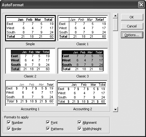 Each format template includes settings for number formats, fonts, alignment, borders, fill patterns, row height, and column width. To turn off one or more of these settings, click the Options button. A group of checkboxes ("Formats to apply") will appear at the bottom of the AutoFormat window, and you can clear the checkboxes corresponding to the format options you don't want to apply.