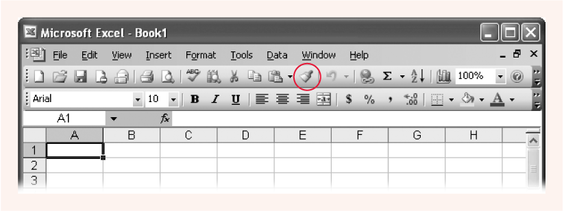 Oddly enough, the Format Painter icon (a teensy paintbrush) appears on the Standard toolbar instead of the Formatting toolbar. To switch to format-painting mode, click the Format Painter icon. When you do, the pointer changes to include another paintbrush icon, indicating Excel is ready to copy the format.
