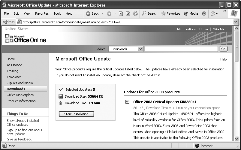 Here, the Office Online update Web page has found five recommended updates. All you need to do to download these files to your computer and install them automatically is click Start Installation.