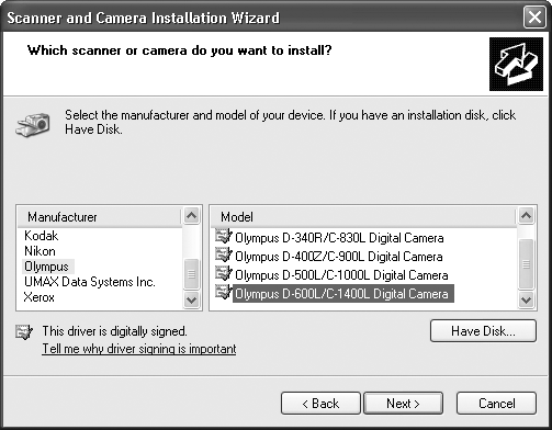 Wizards are everywhere in Windows, helping you through multi-step tasks via a series of interview screens. For example, here the Scanner and Camera Wizard is helping you install driver software for a digital camera by asking you to indicate the model number.