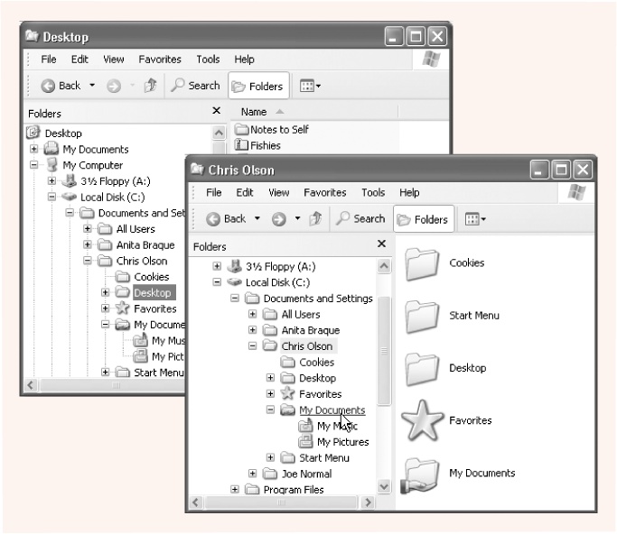 Front: Windows Explorer offers a treetop view of your computer’s hierarchy. When you click a disk or folder in the left pane, the right pane displays its contents, including files and folders.Back: If you turn off the new “simple folder view” display, the dotted vertical and horizontal lines in the left pane help you keep track of the hierarchical levels.