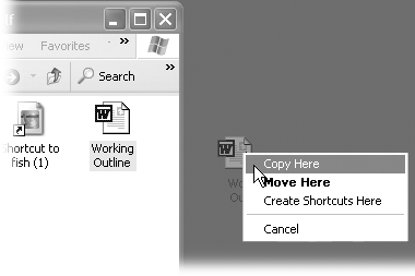 Thanks to this shortcut menu, right-dragging icons is much easier and safer than left-dragging when you want to move or copy something.
