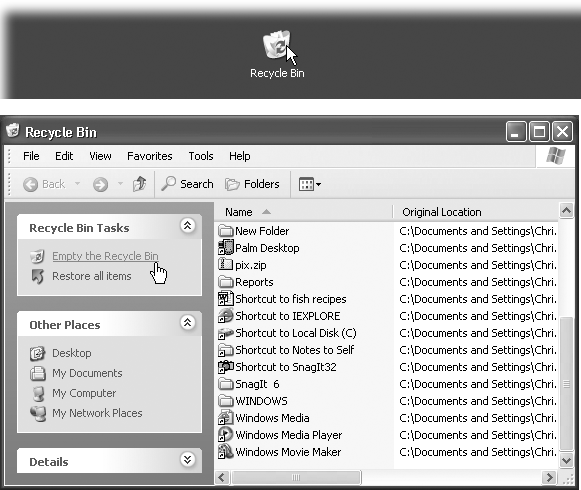 When you double-click the Recycle Bin (top), its window (bottom) displays information about each folder and file that it holds. To sort its contents in Details view, making it easier to find a deleted icon, click the gray column heading for the type of sort you need.