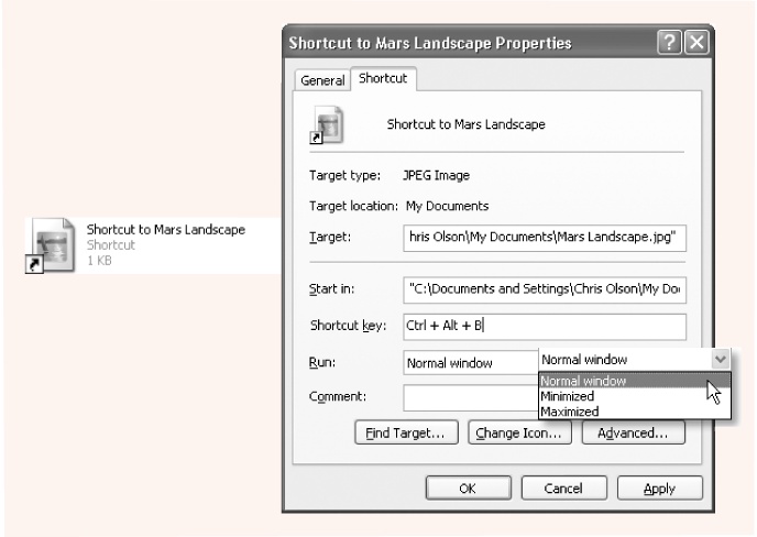 You can distinguish a desktop shortcut (left) from its original by the tiny arrow “badge” that identifies it as a shortcut. Its name probably also contains the word “shortcut,” unless you’ve renamed it or an application has created its own shortcut on the desktop. The Properties dialog box for a shortcut (right) indicates which actual file or folder it “points” to.