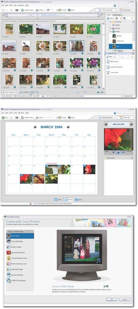 The Organizer gives you two main ways to look at your images: Photo Browser (top) and the Date View (middle). You can switch back and forth between them by clicking their buttons in the upper-right corner of the Organizer window. The main Create window (bottom), which you get to by clicking the Create button in the Shortcuts bar, gives you a wide choice of projects that you can use to show off your images. You can click Cancel to get back to the main Organizer if you change your mind about starting a project.