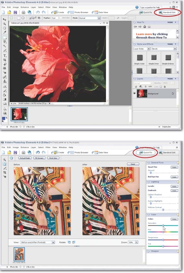 Top: The main Elements editing window, which Adobe calls the Standard Editor. Bottom: The Quick Fix window is the only place in Elements where you can see a before-and-after view of your photo as you work. Use the navigation buttons at the top of the screen (circled) to navigate from one window to the other.