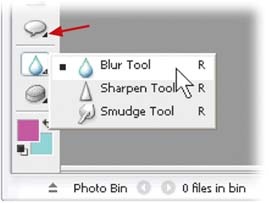 Like any good toolbox, the Elements Toolbox has lots of hidden drawers tucked away in it. Many of the Elements tools are actually groups of tools, which are represented by tiny black triangles on the lower-right side of the tool icon. Holding the mouse button down as you click the icon brings out the hidden subtools. The little black square next to the Blur tool means it's the active tool right now.