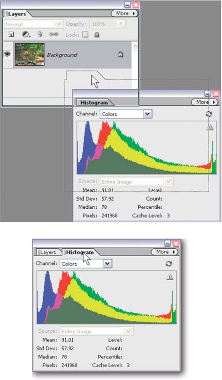 You can combine two or more palettes together once you've dragged them out of the bin. Top: The Histogram palette is being pulled into, and combined with, the Layers palette. To combine palettes, drag one of them (by clicking on the palette's name tab) and drop it onto the other palette (notice the dark black border that appears on the Layers palette, signaling it's "ready" to accept the Histogram palette). Bottom: To switch from one palette to another after they're grouped, just click the tab of the one you want to use. To remove a palette from a group, just drag it off the palette window. If you want to return everything to how it looked when you first launched Elements, go to Window â Reset Palette Locations.