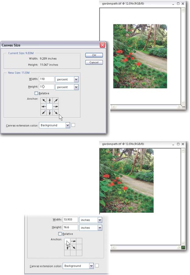 The Canvas Size dialog box isn't as complicated as it looks. The strange little Anchor grid with arrows pointing everywhere lets you decide exactly where to add new canvas to your image. The white Anchor box represents your photo's current position, and the arrows surrounding it show where Elements will add the new canvas. By clicking in any of the surrounding boxes, you tell Elements where to position your photo on the newly sized canvas. In the top pair of images, the new canvas has been added equally around all sides of the existing image. In the bottom pair, the new canvas has been added below and to the right of the existing image.