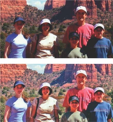 Top: This photo shows a classic vacation picture problem: the day is bright, the scenery's beautiful, but everyone's faces are hidden in the dark shadows cast by their hats. Bottom: The Shadows and Highlights tools brought back everyone's faces, but now they look a bit jaundiced. Use the color sliders to make them look healthy again.