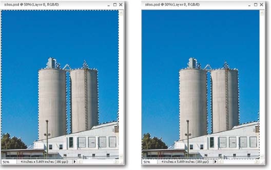 Left: Say you want to make some adjustments to just the building in this photo. You could spend half an hour meticulously selecting it, or instead just select the sky with a click of the Magic Wand and invert your selection to get the silos. Here, the sky has the marching ants around it to show that it's the active selectionâbut that's not what you want.Right: Inverting the selection (Selection â Inverse) gives you the ants around the buildings without the trouble of tracing out all the ladders and pipes on the silos.