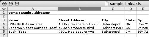 Name, address, city, state, and ZIP Code in spreadsheet columns