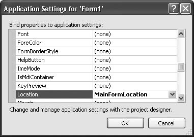 The Application Settings dialog for Form1