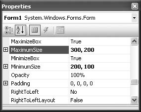 MaximumSize and MinimumSize properties in use