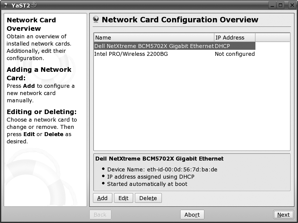 YaST wireless card configuration—main screen