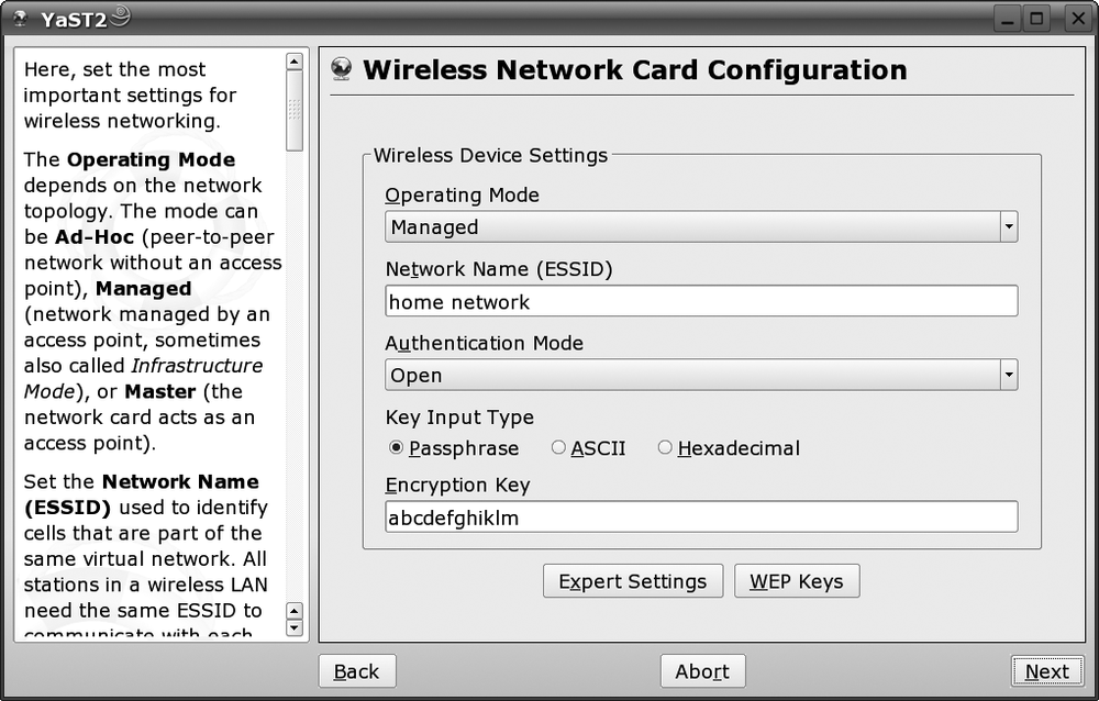 Wireless Network Card Configuration screen