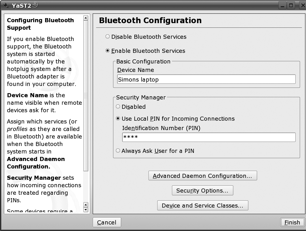 The main YaST Bluetooth Configuration screen