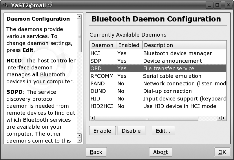 Bluetooth Daemon Configuration screen