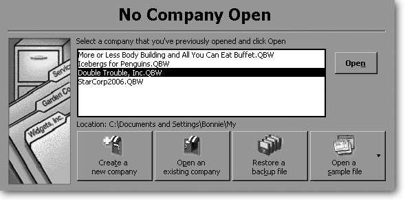 The No Company Open window includes “Restore a backup file,” which you’ll gladly click should something go terribly wrong with your QuickBooks company file. To reopen a file that you worked on recently, double-click its name on the list. (If you’d like to play around with an unfamiliar feature, click “Open a sample file” as described in the box on Section 1.3.1.)