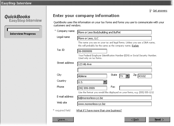 On the Company Information screen, fill in both fields, even if the name your company commonly uses is the same as its legal name. In the “Company name” field, type the name that you want to appear on invoices, reports, and other forms. In the “Legal name” field, type the company name as it should appear on contracts and other legal documents. If you own a corporation, the legal name is what appears on your Certificate of Incorporation. The Tax ID box is for the federal tax ID number you use when you file your taxes—your Social Security number or Federal Employer Identification Number.