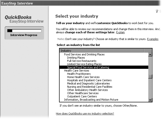 The list of industries includes both high-level categories and more targeted industries. For each industry, QuickBooks makes assumptions about customization for you. If none of the choices are even close, choose Other/None at the bottom of the list. QuickBooks then lets you specify exactly which features you want.