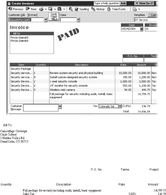 Top: When you add a Group item to an invoice (Security Package in this example), QuickBooks replaces that one item with all the individual items, along with their prices, descriptions, and whatever else you’ve defined. To show these items on the invoice, turn on the “Print items in group” checkbox.Bottom: For fixed-price invoices, which you use when you charge the customer a fixed amount—regardless of how much or little it costs you to deliver—you don’t want to show the underlying prices for each item you deliver. When you create a Group item and turn off the “Print items in group” checkbox, you still see all the individual items in the Create Invoices dialog box, but the invoice you generate to send to the customer shows only the Group item itself, along with the total cost for all the items in the Group.