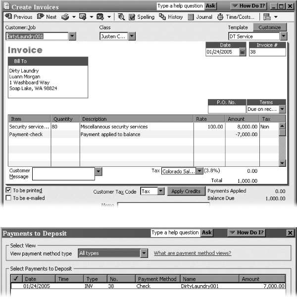 Top: A Payment item (here, a check) reduces the balance on an invoice by the amount the customer paid.Bottom: A Payment item also executes the equivalent of a Receive Payments command. A Payment item assigns the payment method that the customer used and deposits the funds into a bank account, or groups the payment with other undeposited funds.