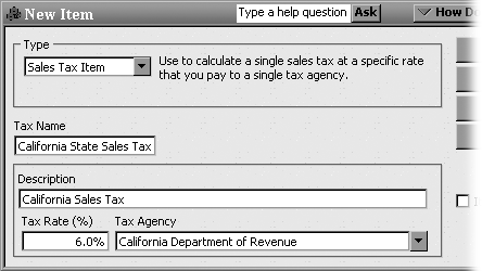 The Tax Name field can include up to 31 characters—more than enough to use the 4- or 5-digit codes that many states use for sales taxes. The Tax Rate (%) field sets the percentage of the sales tax. The Tax Agency drop-down list shows the vendors you’ve set up, so you can choose the tax agency to which you remit the taxes. If a tax authority collects the sales taxes for several government entities, a Sales Tax Group is the way to go. (See the box on Section 4.9.)