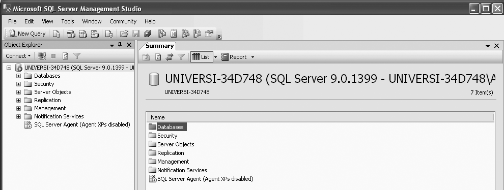 Connected to Microsoft SQL Server 2005’s Server