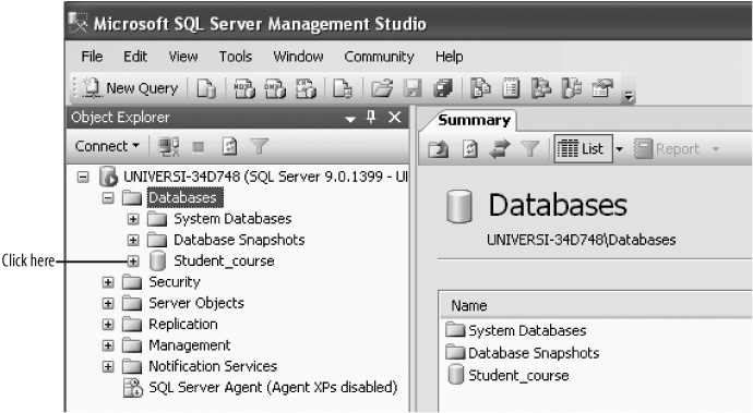 The Student_course database under the Object Explorer
