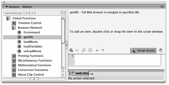 The Actions panel, with Script Assist enabled, ready for input