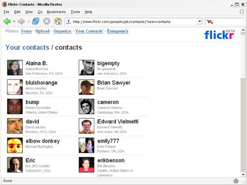 A list of contacts at Flickr