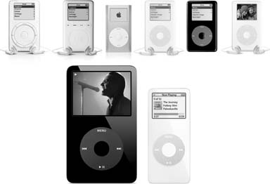 Top row, from left: The very first iPod model from 2001, the third-generation (3G) 2003 iPod, the iPod Mini, the fourth-generation (4G) click wheel model sold by both Apple and Hewlett-Packard, the U2 Special Edition iPod, and the iPod Photo.Bottom row, from left: The video-playing fifth-generation (5G) iPod, first introduced in the fall of 2005, and its trusty sidekick, the iPod Nano. Each of these is available in either traditional white or hipster black.